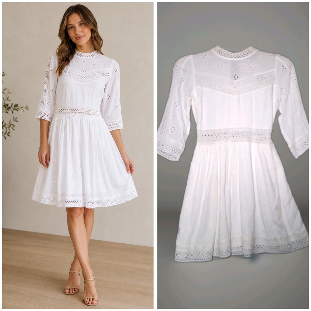 Abercrombie & Fitch Ivory Eyelet Dress XS/P Lace Self Tie Belt 3/4 Sleeve Boho